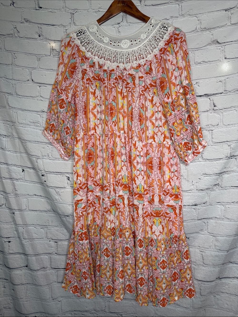 Anthropologie Crochet Yoke Coral, Orange & Yellow Floral Tiered Shift Dress NWT